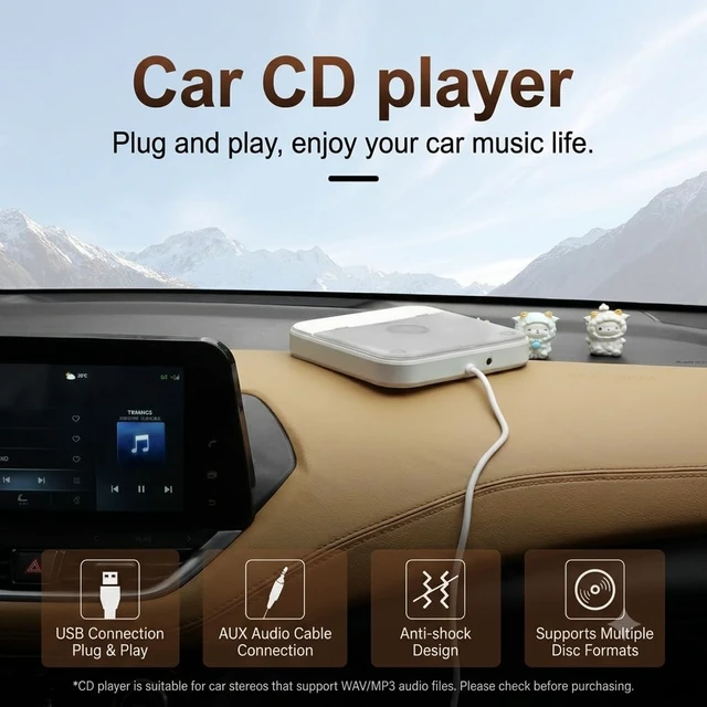 Alt view image 2 of 7 - Portable Car CD Player with USB/AUX Port for Car, Truck, Computer External CD Player Compatible with Car Radio Stereo, Laptop, TV, Computer, Universal for Vehicle with Adapter, White
