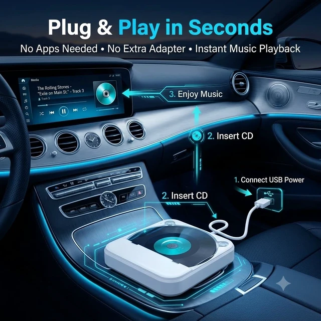 Alt view image 3 of 7 - Portable Car CD Player with USB/AUX Port for Car, Truck, Computer External CD Player Compatible with Car Radio Stereo, Laptop, TV, Computer, Universal for Vehicle with Adapter, White