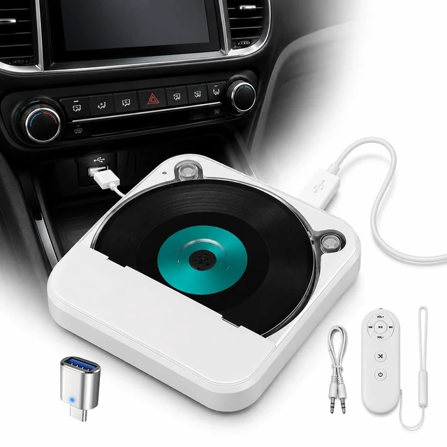 Main image of Portable Car CD Player with USB/AUX Port for Car, Truck, Computer External CD Player Compatible with Car Radio Stereo, Laptop, TV, Computer, Universal for Vehicle with Adapter, White