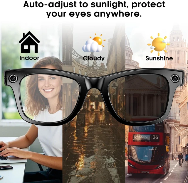 Alt view image 4 of 7 - AI Smart 4K Camera Glasses,HD 1080P Videos,Ultra-Wide Anti-Shake, Vlog Recording, AI Translation, AI Voice Assistant, Open Ears, Wi-Fi Transmission, Music Control,Color-Changing Lenses