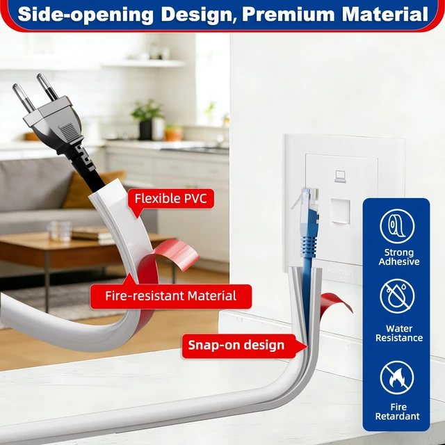 Alt view image 4 of 7 - 78" Side Open Cable Hider Cord Cover for 1 Wires,W0.55"× H0.39" Adhesive Cord Hider for Wall Mount Tv, Wire Channel for Cable Concealer,Cable Raceway Home & Office,White