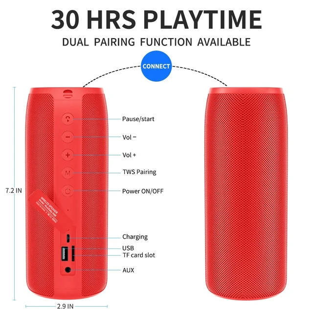 Alt view image 5 of 7 - M88 Portable Bluetooth Speaker, USB/AUX/TF Playback, Red USB playback, AUX input and TF card playback for flexible listening, plus rechargeable 40H playtime and deep bass