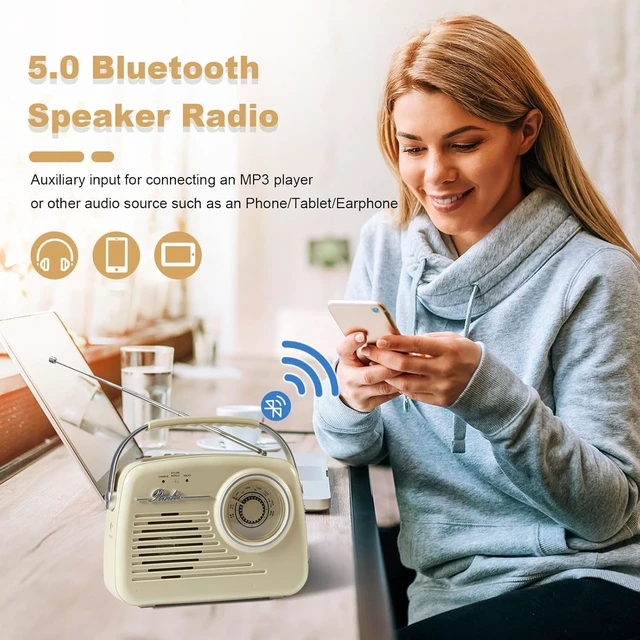 Alt view image 6 of 7 - Portable AM FM Radio, Battery Powered, Vintage Radio with Bluetooth, Easy to Use Large Dial for Home/Outdoor/Kitchen (Beige)