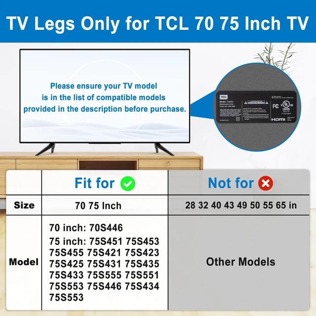 Alt view image 2 of 7 - Metal Base TCL TV Legs for 70" 75" TCL Roku TV Stand Feet Replacement