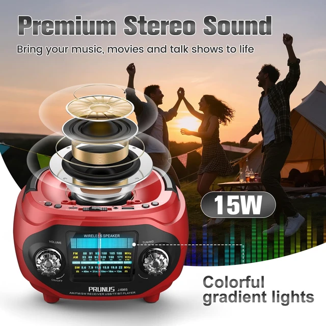 Alt view image 2 of 7 - 15W Retro Bluetooth Speaker with Rich Bass Stereo Best Sound, Radio Portable AM FM, Solar/USB Rechargeable,Vintage Speaker Support AUX/USB Drive, Home,Party, Gift (2026 Update)