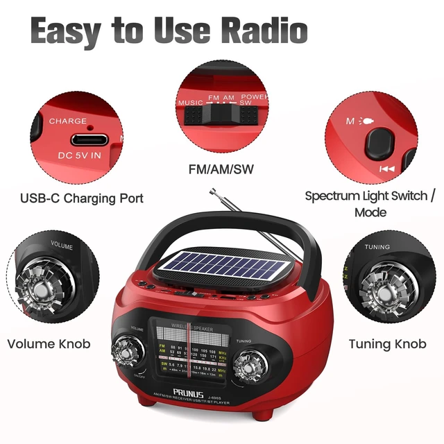 Alt view image 7 of 7 - 15W Retro Bluetooth Speaker with Rich Bass Stereo Best Sound, Radio Portable AM FM, Solar/USB Rechargeable,Vintage Speaker Support AUX/USB Drive, Home,Party, Gift (2026 Update)