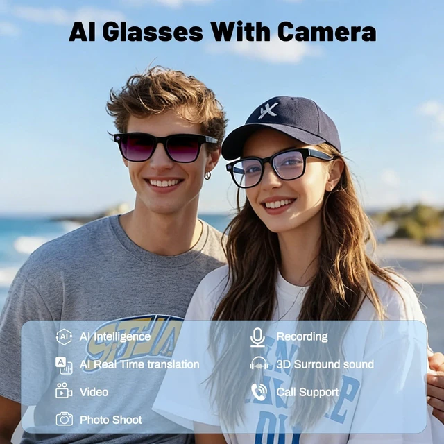 Alt view image 2 of 7 - AI Smart Glasses, 8MP Camera Glasses and Audio, AI Translation Sunglasses for Men & Women, Bluetooth Glasses with Voice/Calling, 8 Hours of Music, Purple Lenses
