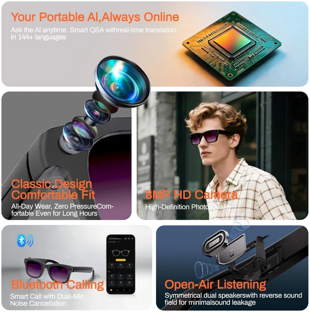 Alt view image 3 of 7 - AI Smart Glasses, 8MP Camera Glasses and Audio, AI Translation Sunglasses for Men & Women, Bluetooth Glasses with Voice/Calling, 8 Hours of Music, Purple Lenses