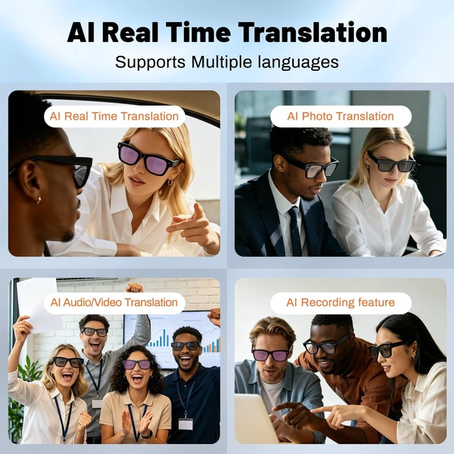 Alt view image 4 of 7 - AI Smart Glasses, 8MP Camera Glasses and Audio, AI Translation Sunglasses for Men & Women, Bluetooth Glasses with Voice/Calling, 8 Hours of Music, Purple Lenses