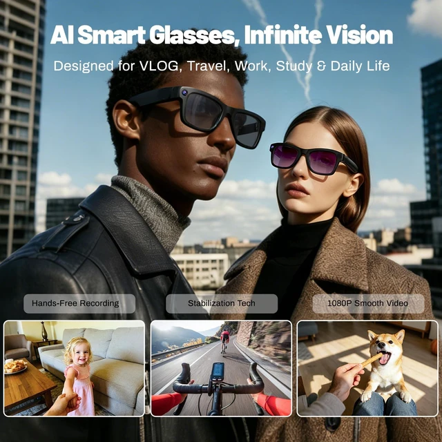 Alt view image 6 of 7 - AI Smart Glasses, 8MP Camera Glasses and Audio, AI Translation Sunglasses for Men & Women, Bluetooth Glasses with Voice/Calling, 8 Hours of Music, Purple Lenses