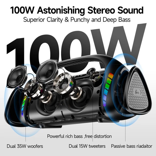 Alt view image 2 of 7 - LFS Bluetooth Speaker,100W Loud Speakers Bluetooth Wireless with Deep Bass, LED Lights, IPX6 Waterproof, 30H Playtime, Portable Outdoor Speaker Boombox for Camping,Beach, Party