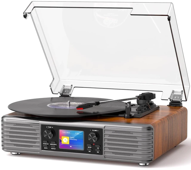 Main image of Vintage Vinyl Record Player with Speakers, PC Recording, Brown 3-speed belt drive Bluetooth turntable with LCD and alarm/sleep, RCA/AUX, headphone jack, retro wood décor gift for home