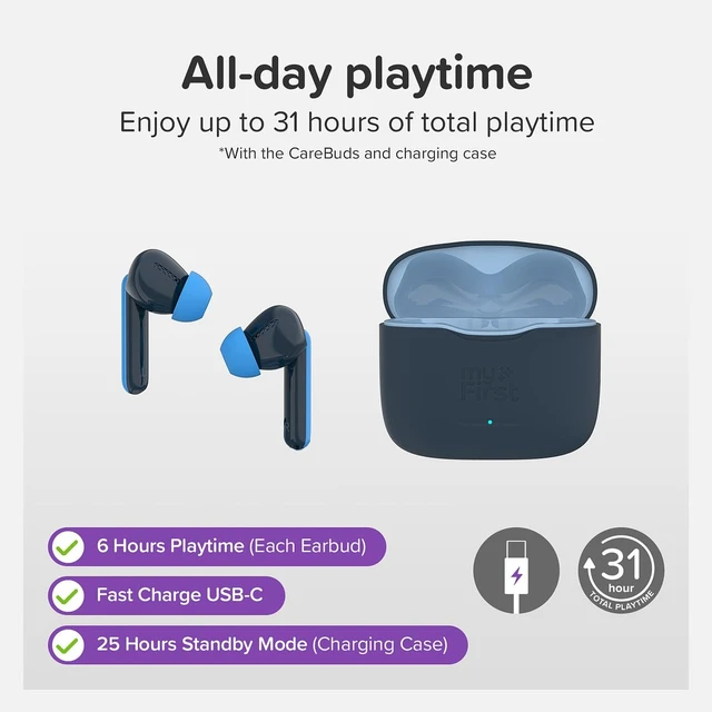 Alt view image 7 of 7 - CareBuds Kids Earbuds 85dB Volume Limit Small Ear Fit wireless airpods, noise cancelling, 36H playtime, easy pairing, for boy girl ages 3-12, school travel birthday gift