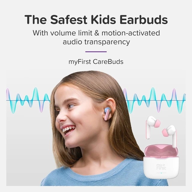 Alt view image 2 of 7 - CareBuds Wireless Kids Earbuds 85dB Volume Limit Small Ear Fit 36H playtime, noise cancelling, easy pairing, safe hearing, for kids ages 3-12, school travel gift