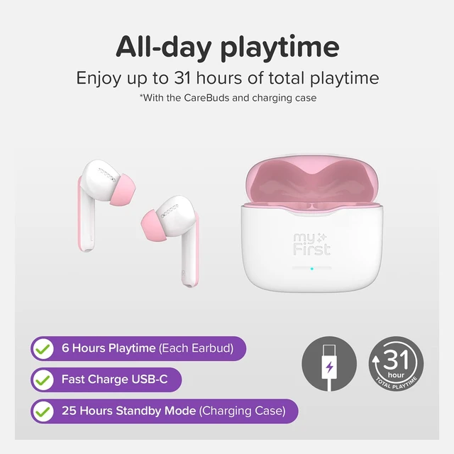 Alt view image 7 of 7 - CareBuds Wireless Kids Earbuds 85dB Volume Limit Small Ear Fit 36H playtime, noise cancelling, easy pairing, safe hearing, for kids ages 3-12, school travel gift