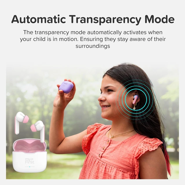 Alt view image 4 of 7 - CareBuds Wireless Kids Earbuds 85dB Volume Limit Small Ear Fit 36H playtime, noise cancelling, easy pairing, safe hearing, for kids ages 3-12, school travel gift