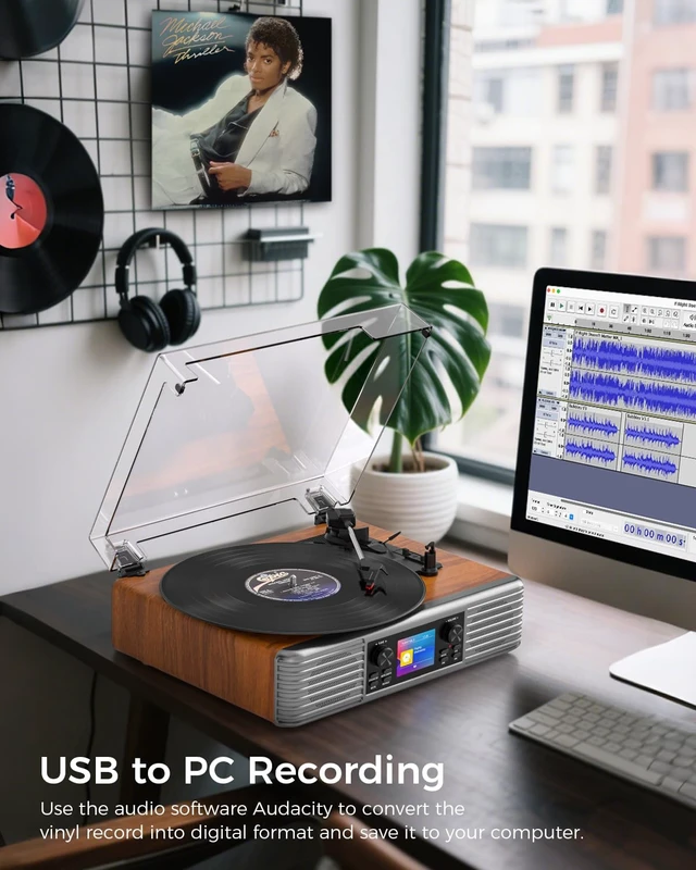 Alt view image 3 of 7 - Vintage Vinyl Record Player with Speakers, PC Recording, Brown 3-speed belt drive Bluetooth turntable with LCD and alarm/sleep, RCA/AUX, headphone jack, retro wood décor gift for home