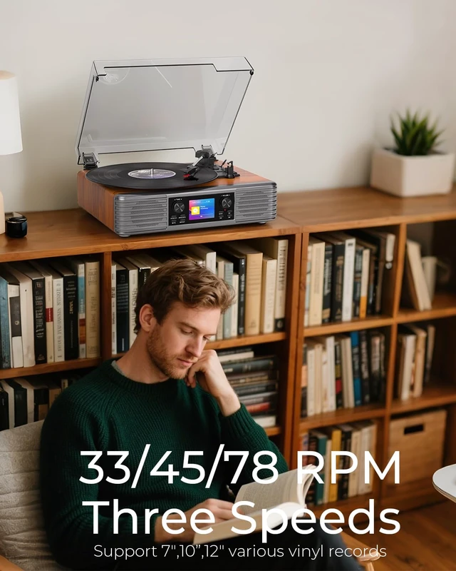 Alt view image 2 of 7 - Vintage Vinyl Record Player with Speakers, PC Recording, Brown 3-speed belt drive Bluetooth turntable with LCD and alarm/sleep, RCA/AUX, headphone jack, retro wood décor gift for home
