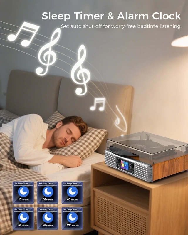 Alt view image 7 of 7 - Vintage Vinyl Record Player with Speakers, PC Recording, Brown 3-speed belt drive Bluetooth turntable with LCD and alarm/sleep, RCA/AUX, headphone jack, retro wood décor gift for home