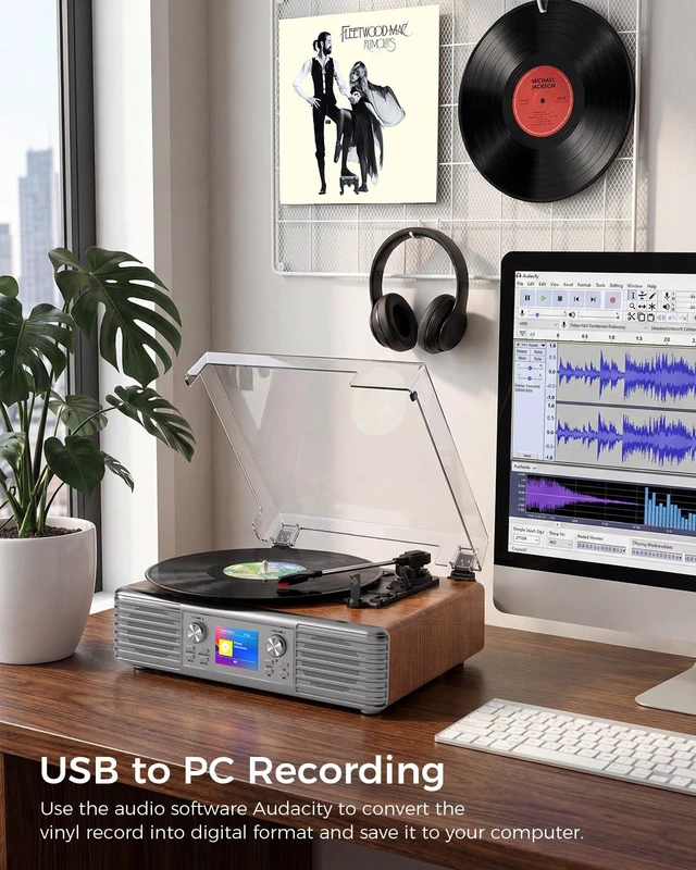 Alt view image 4 of 7 - Vintage Vinyl Record Player with Speakers, PC Recording, Walnut 3-speed belt drive Bluetooth turntable with LCD and alarm/sleep, RCA/AUX, headphone jack, retro wood décor gift for home