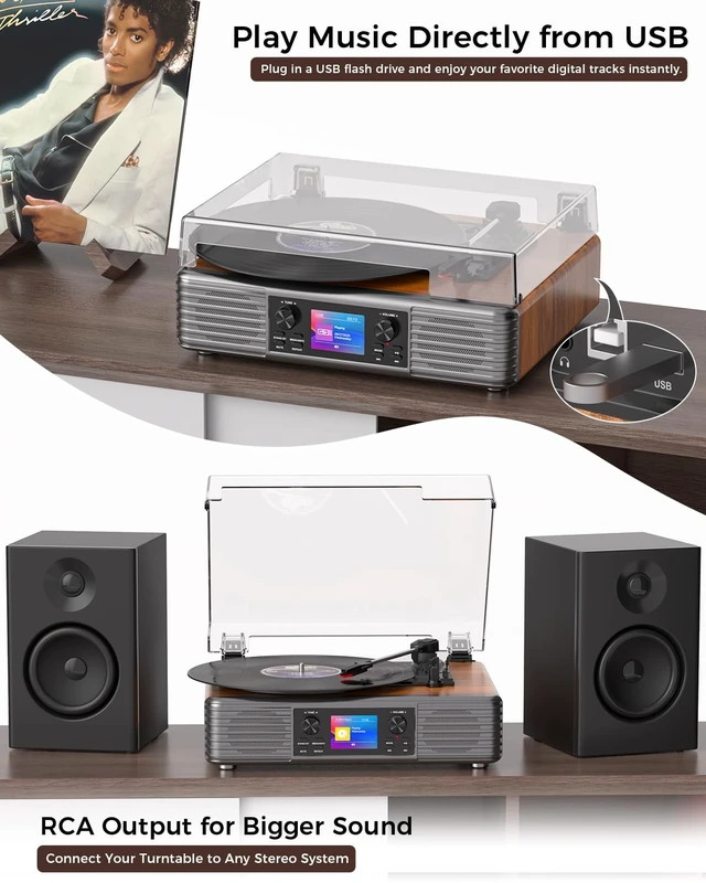 Alt view image 4 of 7 - Vintage Vinyl Record Player with Speakers, PC Recording, Brown 3-speed belt drive Bluetooth turntable with LCD and alarm/sleep, RCA/AUX, headphone jack, retro wood décor gift for home