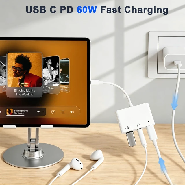 Alt view image 3 of 7 - USB C to 3.5mm Audio OTG Adapter with 60W PD Fast Charging 3 in 1 USB C headphone Splitter for iPhone 17/16/15 Sam-sung Galaxy S25/S24/S23 Ultra S21/S20 iPad Pro Laptops