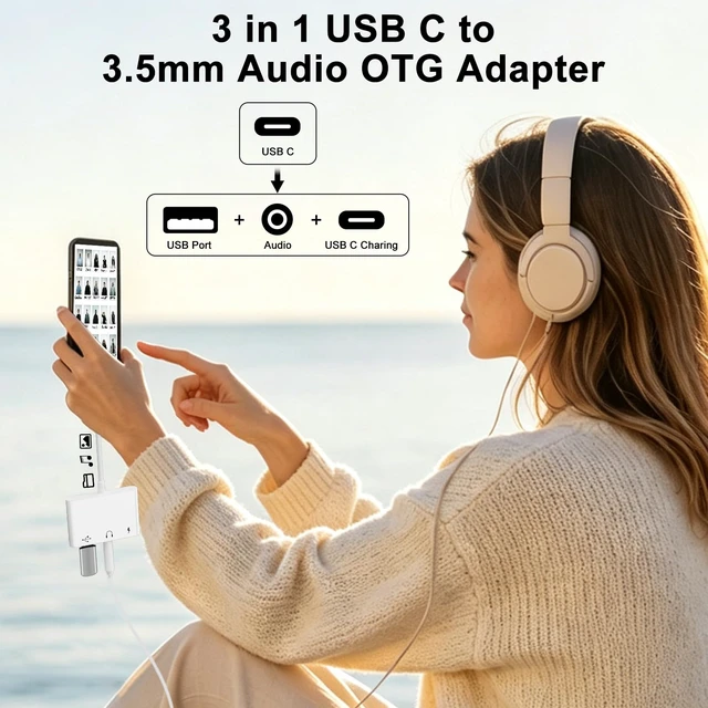 Alt view image 5 of 7 - USB C to 3.5mm Audio OTG Adapter with 60W PD Fast Charging 3 in 1 USB C headphone Splitter for iPhone 17/16/15 Sam-sung Galaxy S25/S24/S23 Ultra S21/S20 iPad Pro Laptops