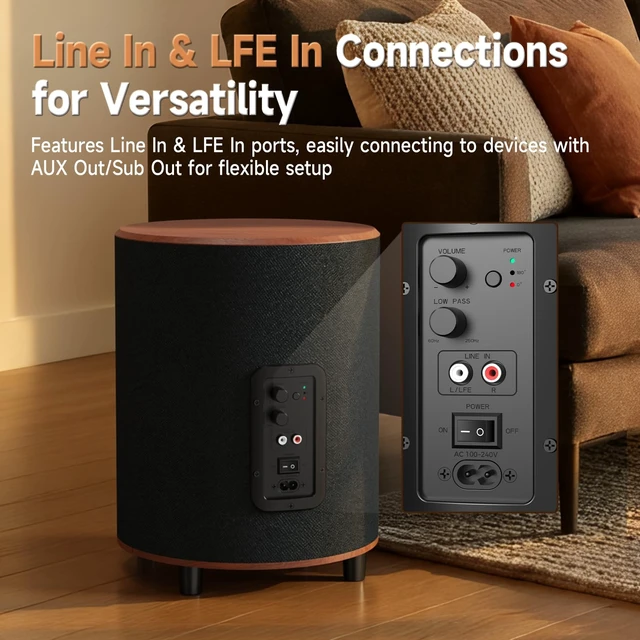Alt view image 4 of 7 - Powered Subwoofer, 6.5 Sub with DSP, Up to 100 Watts Home Theater Subwoofers, Down-Firing Subs, Class-D Amp, 40-250Hz, Auto On/Off, Low Pass dial, Phase Switch, Big Bass in Compact Design
