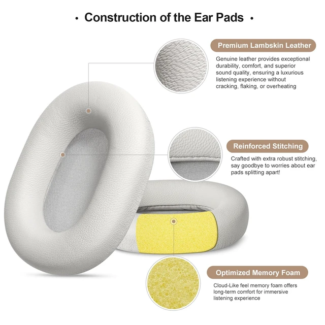 Alt view image 4 of 6 - Genuine Leather Ear Pads Cushions for Sony XM5 Noise Canceling Headphones, Premium WH-1000XM5 Replacement Earpads Covers with Soft Lambskin Leather, Optimized Memory Foam (Lambskin-Silver)