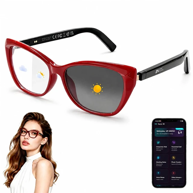 Main image of AI Smart Glasses for Women Men, Bluetooth Glasses, Butterfly Frame Red AI Assistant with Free App, Photo Translation, Open-Ear Audio, LightweightPhotochromic Lenses for Shopping Travel Daily Wear