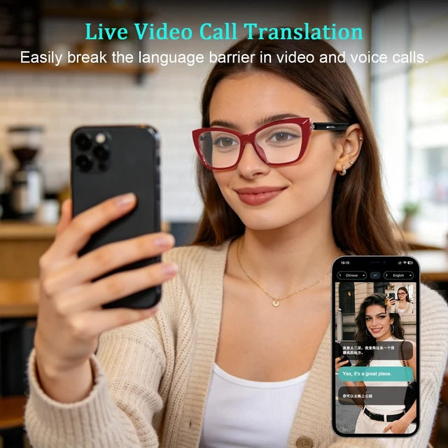 Alt view image 6 of 7 - AI Smart Glasses for Women Men, Bluetooth Glasses, Butterfly Frame Red AI Assistant with Free App, Photo Translation, Open-Ear Audio, LightweightPhotochromic Lenses for Shopping Travel Daily Wear