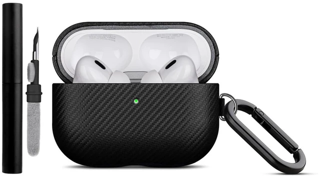 Main image of Case for AirPods Pro 2 - Carbon Fiber Style PU Leather - Black Handmade Protective Hard Shell Cover - Vegan Leather & PC Dual Layer Protection - AirPods Pro 2nd Generation Case with Clip