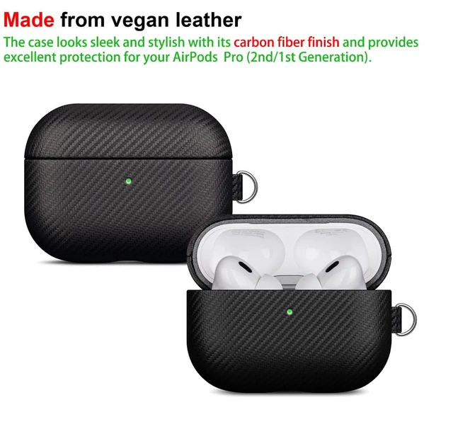 Alt view image 2 of 7 - Case for AirPods Pro 2 - Carbon Fiber Style PU Leather - Black Handmade Protective Hard Shell Cover - Vegan Leather & PC Dual Layer Protection - AirPods Pro 2nd Generation Case with Clip