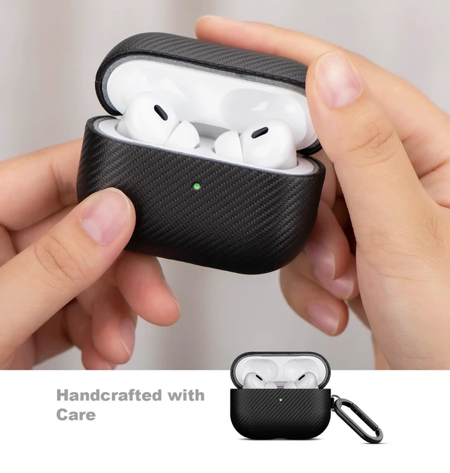 Alt view image 3 of 7 - Case for AirPods Pro 2 - Carbon Fiber Style PU Leather - Black Handmade Protective Hard Shell Cover - Vegan Leather & PC Dual Layer Protection - AirPods Pro 2nd Generation Case with Clip