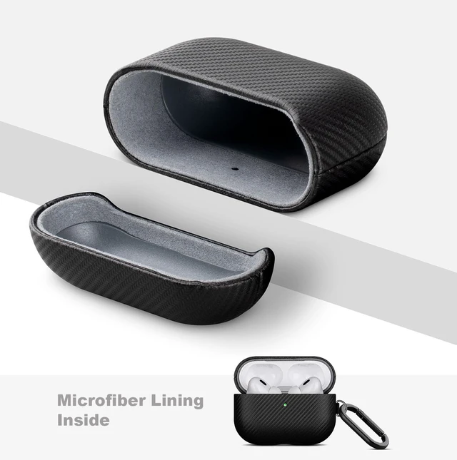 Alt view image 4 of 7 - Case for AirPods Pro 2 - Carbon Fiber Style PU Leather - Black Handmade Protective Hard Shell Cover - Vegan Leather & PC Dual Layer Protection - AirPods Pro 2nd Generation Case with Clip
