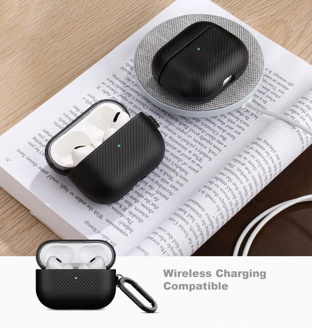 Alt view image 5 of 7 - Case for AirPods Pro 2 - Carbon Fiber Style PU Leather - Black Handmade Protective Hard Shell Cover - Vegan Leather & PC Dual Layer Protection - AirPods Pro 2nd Generation Case with Clip