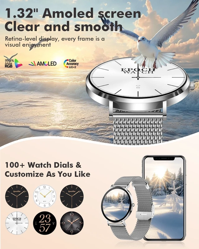 Alt view image 4 of 7 - Ultra-thin Stainless Steel Smartwatch for Women Men, 1.32'' Amoled Full-touch Bluetooth Smart Watch, 24/7 Heart Rate & Sleep Monitor Digital Watch,IP68 Waterproof Fitness Tracker &100+ Sports (Silver)