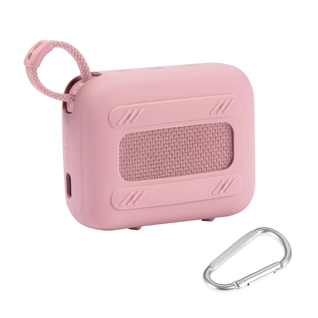 Alt view image 2 of 4 - for JBL Go 4 Waterproof Bluetooth Speaker Silicone Cover, Pink Snug Fit, Portable Carabiner Clip, Shock Absorption, Drop Protection, Travel Lightweight Design, Protective Skin Case