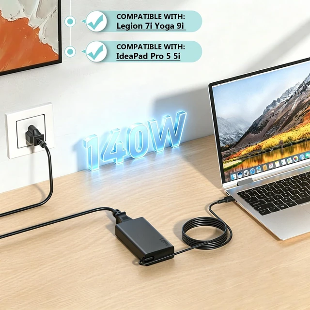 Alt view image 2 of 6 - 140W USB C Laptop Charger for Lenovo Yoga Pro ThinkPad HP OMEN Transcend 14 For 16s P15s P14s Yoga Pro 7 IdeaPad Pro 5 /HP Spectre x360 16 Msi Prestige 14 AI Studio Computer Avalon Nano 3