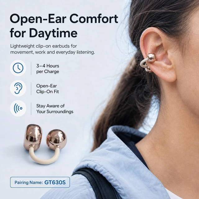 Alt view image 5 of 7 - GT630S 2-in-1 Wireless Earbuds, Open-Ear Clip-On and Sleep Earbuds Open-Ear Clip-On and Mini Sleep Earbuds, App EQ and Custom Controls, Up to 30H Playtime, IPX5 and Emergency Phone Charging