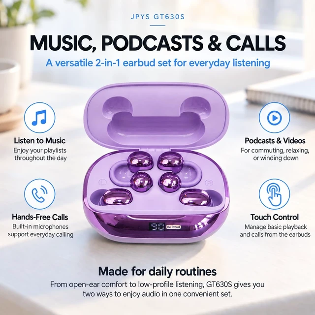 Alt view image 3 of 7 - GT630S 2-in-1 Wireless Earbuds, Open-Ear Clip-On and Sleep Earbuds Open-Ear Clip-On and Mini Sleep Earbuds, App EQ and Custom Controls, Up to 30H Playtime, IPX5 and Emergency Phone Charging