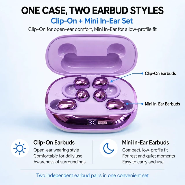 Alt view image 2 of 7 - GT630S 2-in-1 Wireless Earbuds, Open-Ear Clip-On and Sleep Earbuds Open-Ear Clip-On and Mini Sleep Earbuds, App EQ and Custom Controls, Up to 30H Playtime, IPX5 and Emergency Phone Charging