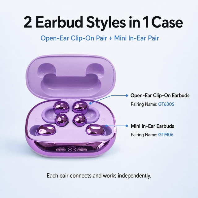 Alt view image 4 of 7 - GT630S 2-in-1 Wireless Earbuds, Open-Ear Clip-On and Sleep Earbuds Open-Ear Clip-On and Mini Sleep Earbuds, App EQ and Custom Controls, Up to 30H Playtime, IPX5 and Emergency Phone Charging