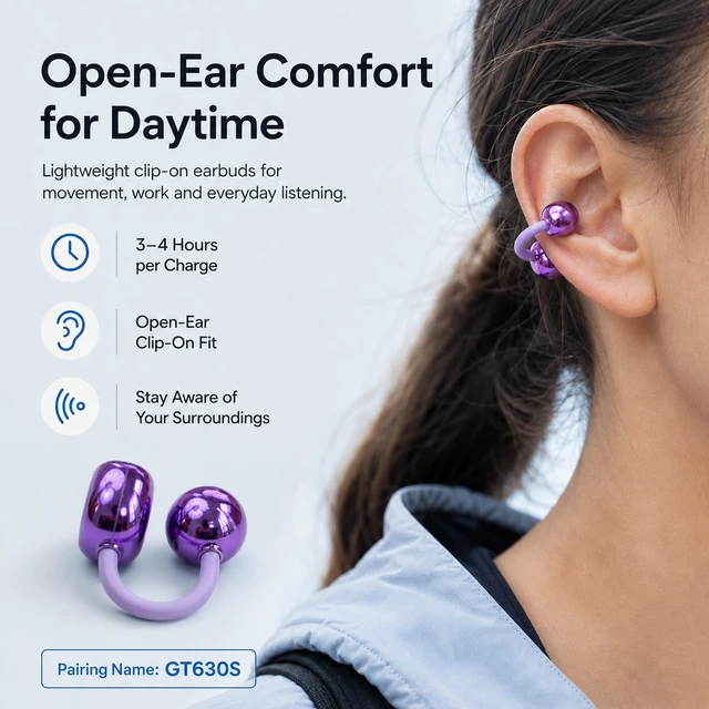 Alt view image 5 of 7 - GT630S 2-in-1 Wireless Earbuds, Open-Ear Clip-On and Sleep Earbuds Open-Ear Clip-On and Mini Sleep Earbuds, App EQ and Custom Controls, Up to 30H Playtime, IPX5 and Emergency Phone Charging