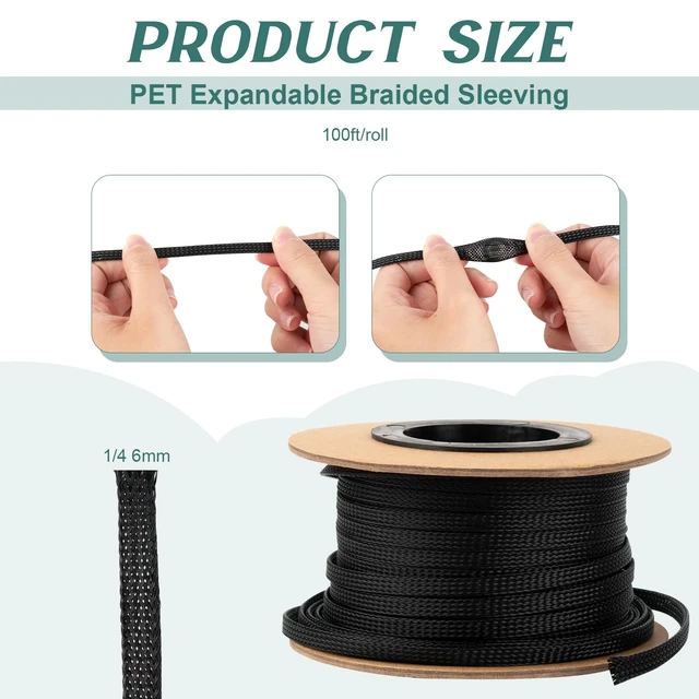 Alt view image 2 of 7 - 100ft 1/4 Inches Braided Wire Loom Automotive PET Cable Loom Expandable Braided Cable Sleeving Mesh Wire Loom for TV, Computer, Home Theater, Black
