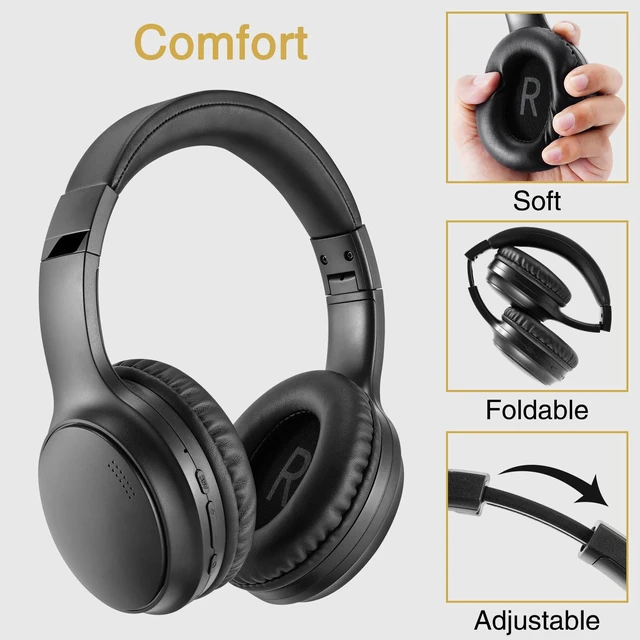 Alt view image 6 of 7 - A10 Noise Cancelling Headphones Wireless, Black Bluetooth Headset with Mic, Bluetooth 5.3, HiFi Stereo Sound, Deep Bass, 20+H Playtime, Lightweight On Ear Wired Headphones for Tablet/PC