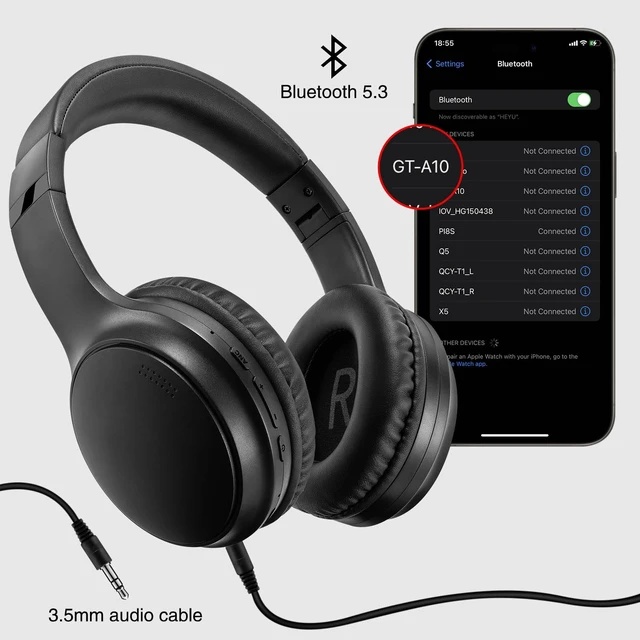 Alt view image 7 of 7 - A10 Noise Cancelling Headphones Wireless, Black Bluetooth Headset with Mic, Bluetooth 5.3, HiFi Stereo Sound, Deep Bass, 20+H Playtime, Lightweight On Ear Wired Headphones for Tablet/PC