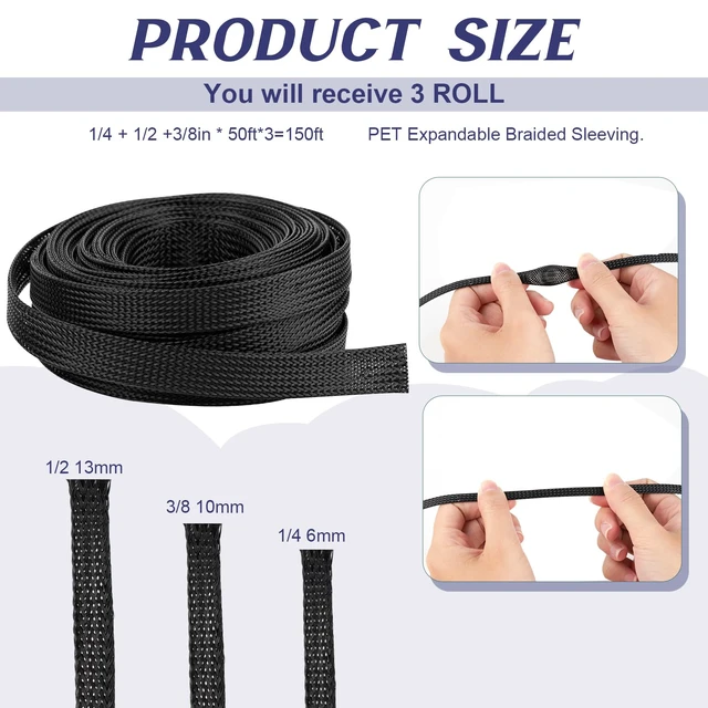 Alt view image 2 of 7 - 150 Feet 1/4, 1/2, 3/8 Inches Braided Wire Loom Automotive PET Cable Loom Expandable Braided Sleeving Mesh Wire Loom for TV, Computer, Home Theater, Black