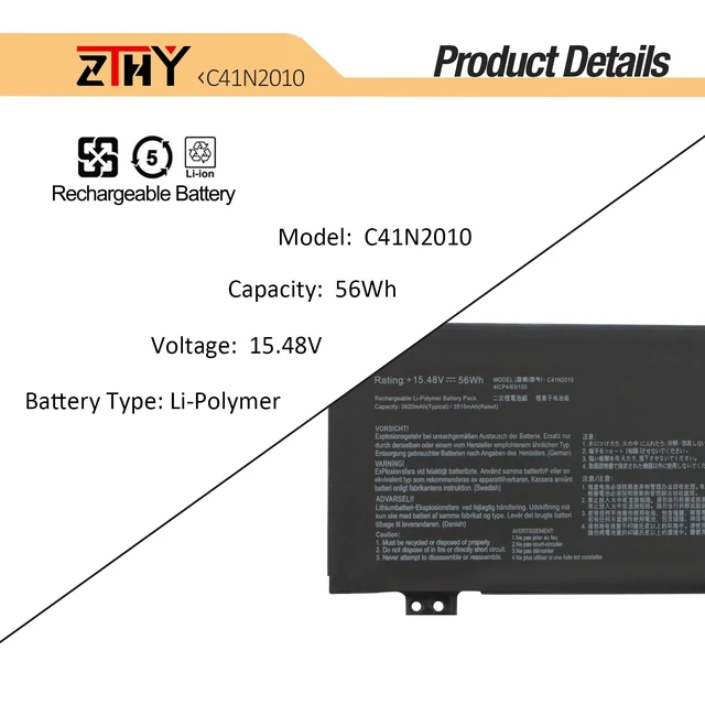 Alt view image 3 of 7 - C41N2010 Laptop Battery Replacement for ASUS ROG Strix G15 G513IC G513IH G513QC G513QE ROG Strix G17 G713QE G713QE-HX008T G513IC-HN002T G513IH-GTX1650T G513QC-R735B6T G513QE-HN109T 15.48V 56Wh