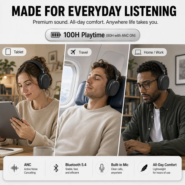 Alt view image 5 of 7 - Wireless Over Ear Headphones,Active Noise Cancelling,Bluetooth 100H,Black Hi-Res Audio/Deep Bass, ANC,Lightweight Fit Soft Ear Cups Headsets Built-in Mic,for Pad/Cellphone/Travel/Home/Office